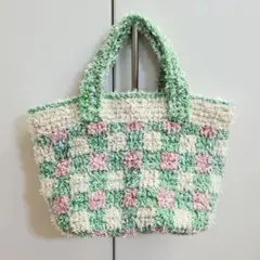 手編み　春色チェックトートバッグ