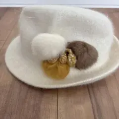 アイボリー フェルトハット ファー付き