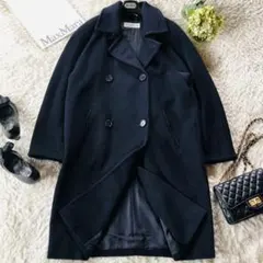 美品✨マックスマーラ マキシ丈コート カシミヤ混 女優襟 ネイビー 42 大きめ