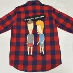 ビーバスとバットヘッド ブロックチェックネルシャツ　バックラバープリント　M