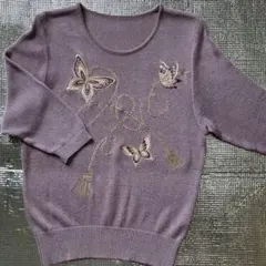 ライトパープル 蝶刺繍 七分袖ニット 五泉ニット