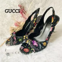希少⭐︎GUCCI フローラ リボンサンダル 35 ハイヒール ブラック 花柄