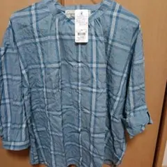 SELF+SERVICE チェックシャツ　水色系　　7分〜8分丈 ブラウス　ＬＬ