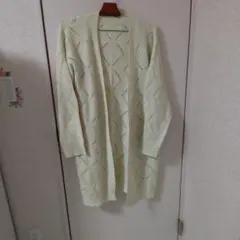 透かし編みクリーム色ニットロングカーディガン 8L