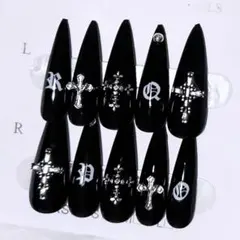 ネイルチップ♥現品♥シズニルック♥ブラック♥クロム♥地雷系♥十字架♥韓国