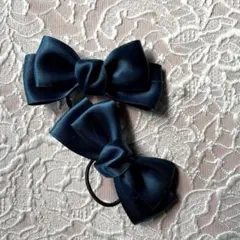 ミリタリーブルー リボン型ヘアゴム 2個セット