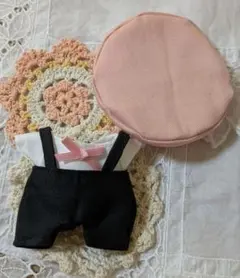 すのチル チルぬい服3点セット(白シャツ✕黒サスペンダーパンツ✕ピンクベレー帽)