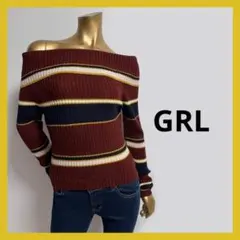 GRL ボーダー オフショル ニット L ボルドー レッド 赤