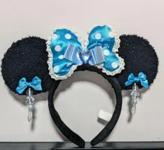 ディズニー　カチューシャ　イヤリング　水色　ドット　リボン　ミニー　水玉　レース