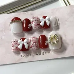 現品 ネイルチップ ツイード リボン クリスマス 冬 ショートオーバル リース
