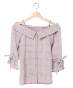 INGNIピンク チェック柄 オフショル ブラウス 量産型 春 夏