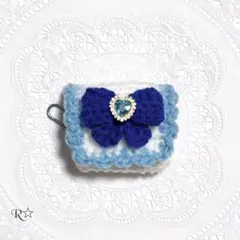 【225】リボン♡ミニポーチ ブルー AirPodsケース 編み物 ポーチ