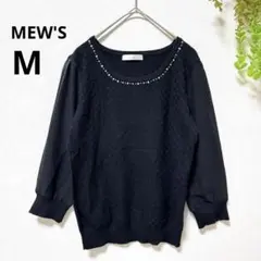 MEW'S ◆ビジュー付　長袖シフォンニット(M)ブラック　袖シースルー
