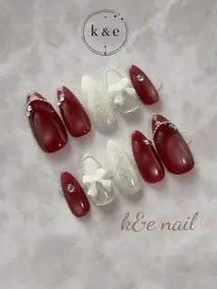 ネイルチップ 量産型 赤 マグネット リボン ワンホン【サイズ変更◎】097