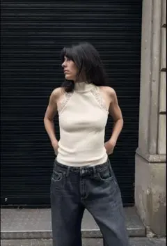 ZARA アイボリー ハイネック レースTシャツ