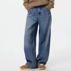 美品 ユニクロ バギーカーブジーンズ 25 67BLUE 丈短め