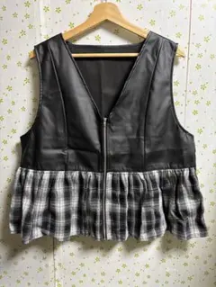 3Lサイズ 合成皮革チェックペプラムベスト