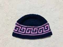 クラッシャーハット　ハンドメイド　バケットハット　ニット帽　ネイビー✖️ピンク