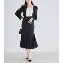 【新品】トッコクローゼット パール飾り釦付きヨーク切り替え配色ワンピース 黒