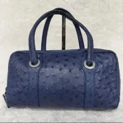 美品 オーストリッチ ハンドバッグ エキゾチック レザー ネイビー 本革
