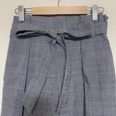 グレンチェック ワイドパンツ リボン付き ウエストゴム M