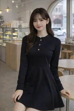 ZARA ワンピース レディース S ブラック 長袖 フレア リブ素材 26