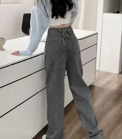 SHEIN バックレースアップ デニムパンツ グレー