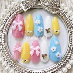 現品 カラフル リボン 蝶 花 春 夏 ポップ ネイルチップ No.15