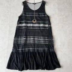 美品✨theory ノースリーブワンピース 黒系ストライプ Sサイズ ギャザー裾