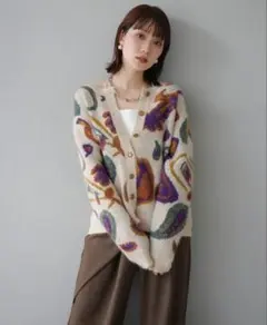 ミックスヤーンペイズリー柄ニットカーディガン アイボリー