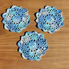 【ブルー/ホワイト/グリーン】ハンドメイド レース編み コースター 3枚セット