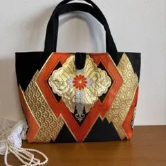 No.72帯リメイクバック　刺繍入り幾何学模様トートバッグ