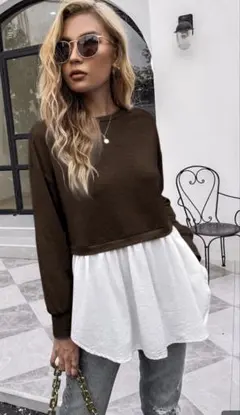 ブラウン/ホワイト レイヤード長袖トップス