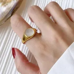ゴールド オープンリング ホワイトシェル エナメル 高品質 韓国 #C585-1