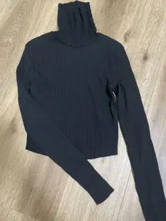 タートルネック トップス　レディース　黒　リブ網