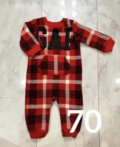 GAP 赤 チェック柄ロンパース 裏起毛 70