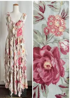 H&M ロング　レーヨン　縦フリル　花柄　￼ローラアシュレイ風柄　ノースリーブ