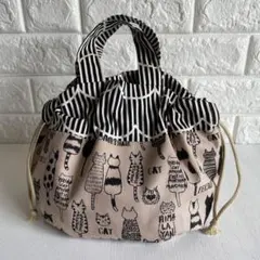 猫柄持ち手付き弁当袋/巾着バック