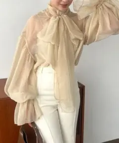 【美品】anuans アニュアンス シアーボウタイボリュームブラウス ベージュ