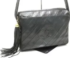 CHANEL 斜めステッチ ココマーク フリンジ レザー ショルダーバッグ