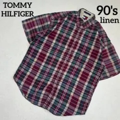 【希少】90'sTOMMY HILFIGERフラッグタグリネン混半袖シャツのサムネイル