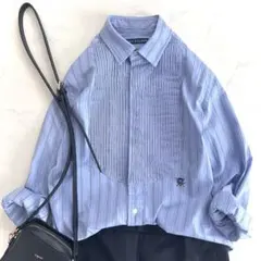 希少 ラルフローレン ピンタックヨークストライプシャツ 11号 ブルー 刺繍ロゴ