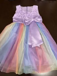 美品 ラベンダー花柄リボン付きドレス 120cm