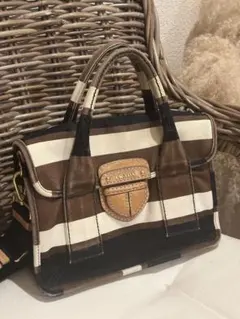 PRADA ブラウン ホワイトストライプ キャンバス地ハンドバッグ