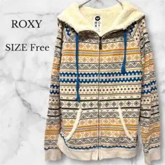 ロキシー フリース裏地付きパーカー ボア素材 ベージュ系 エスニック 暖かい