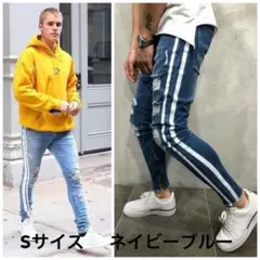 大人気 ライン デニム ダメージ クラッシュ スキニー ジャスティンビーバー