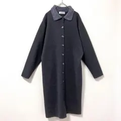 ◉vece　襟付きロングニットコート　グレー　ウール100％　ボタンアップ　Lのサムネイル