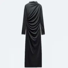 ZARA ザラ　ドレープディテール入りミディ丈ワンピース　ダークグリーン　S