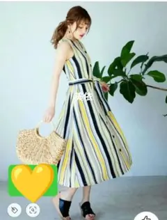 【極美品】⚠️最終価格⚠️イエロー×モスグリーン　ストライプワンピ　ドレス　春夏