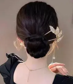 新品 かんざし ヘアスティック リーフ 葉 パール 揺れる 髪飾り ゴールド